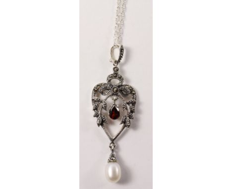 Garnet, pearl and marcasite pendant necklace stamped 925   Condition Report   Click here for further images, condition, aucti