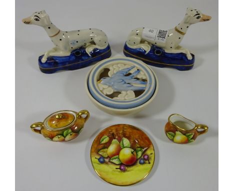 Clarice Cliff Wilkinson pottery pot pourri dish with moulded bird and cloud design, three hand painted Coalport miniatures an