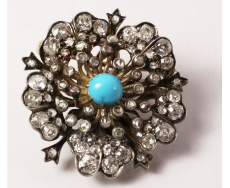 Victorian open floral set diamond brooch with turquoise centre stone 18ct gold backed silver set diameter 3.4cm 12.9gm   Cond