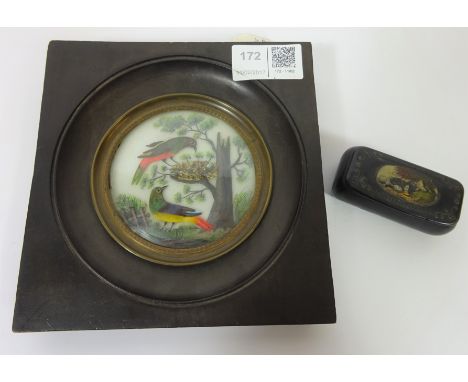 19th Century miniature feather picture depicting birds and a 19th Century papier mache snuff box with oval portrait (2)   Con