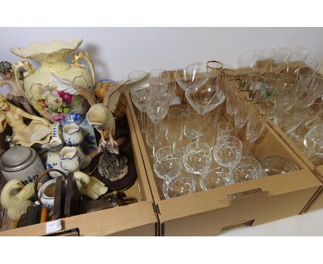 Vintage lamp and shade, another pottery table lamp, Capodimonte figure, glassware, decorative ceramics and miscellanea in thr