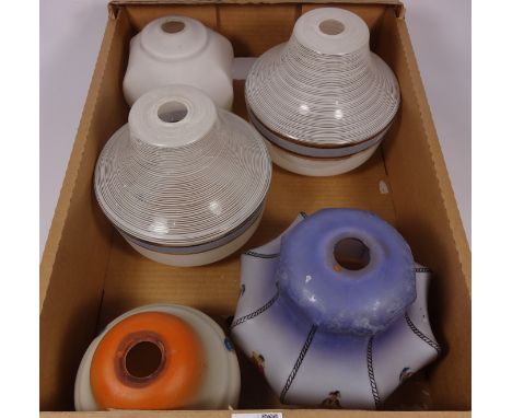 Pair of 1950's glass lamp shades and three painted lamp shades (5)