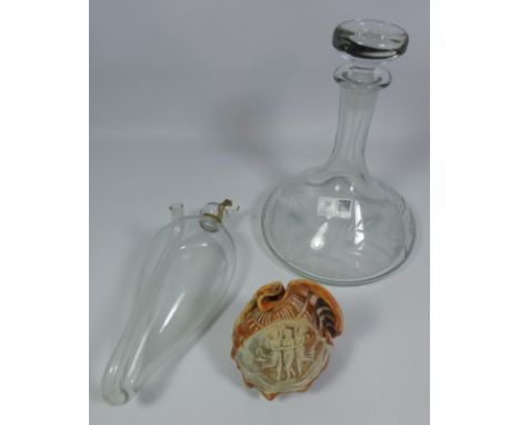 Etched glass ship's decanter, water barometer and a Cameo cut shell/ cut light shade (3)   Condition Report   Click here for 