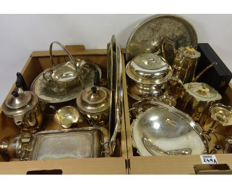 Cased set of silver plate and mother of pearl fish servers, silver plated baskets, large punch bowl and other silver plate in