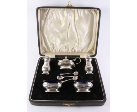 Silver condiment set with blue glass liners 'R' monogram by William Suckling Birmingham 1938 boxed approx 5.8gm   Condition R