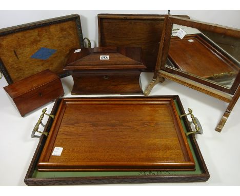 Large Victorian rosewood tea caddy, another 19th Century tea caddy, oak tray with brass handles, other trays and Edwardian dr