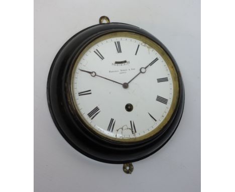 Early 20th century sailing clock, wall mounted, in ebonised wooden case, enamel dial signed 'Pascall Atkey & Sons', D17.5cm  