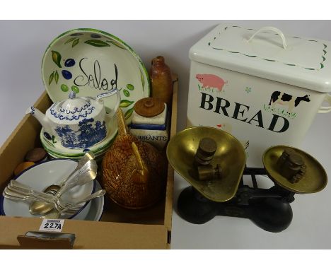 Set of kitchen scales and weights, enamel bread bin and kitchenalia in one box    Condition Report   Click here for further i
