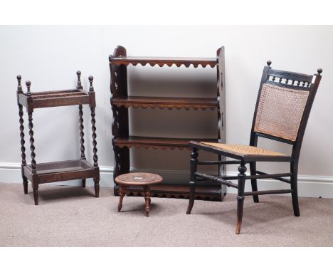 20th century oak stick stand, four tier book shelf, small stool and an Edwardian bedroom chair with cane seat and back   Cond