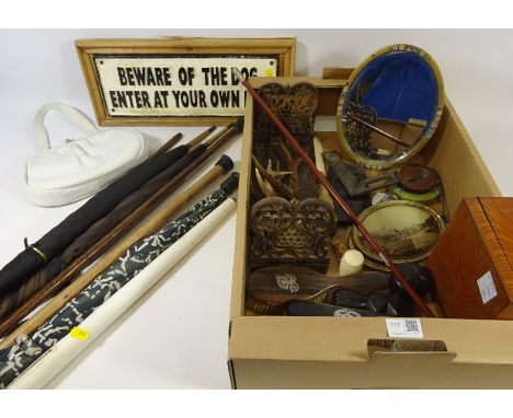 Carved wood extending book trough, deer foot paper knife, dressing table mirror, two walking sticks with hallmarked silver to