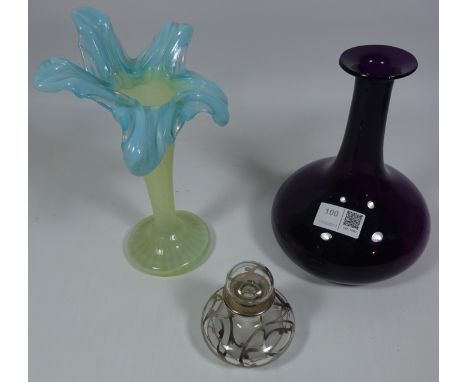 19th/ early 20th Century vaseline glass vase, 19th Century amethyst glass decanter and a scent bottle with white metal mounts