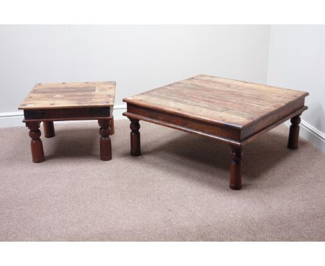 Indian hardwood rustic coffee table (91cm x 91cm, H42cm), and matching lamp table   Condition Report   Click here for further