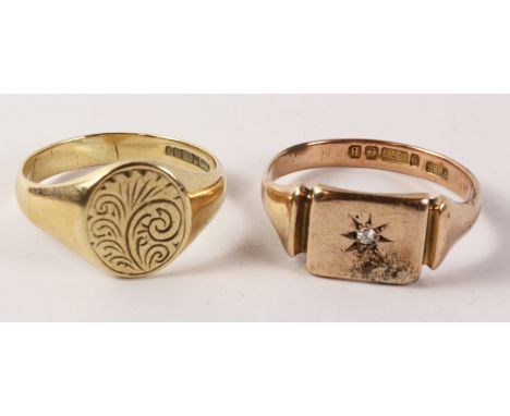 Rose gold signet ring set with a diamond and a gold signet ring with scroll decoration both hallmarked 9ct approx 8gm   Condi