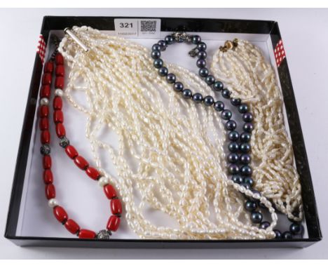 Multi-strand pearl choker the clasp stamped 14K, similar choker the clasp stamped 925, grey pearl necklace the clasp stamped 