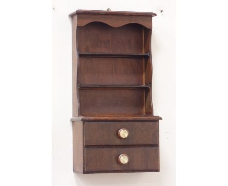 Stained beech wall shelf with two drawers, W36cm, H68cm, D17cm   Condition Report   Click here for further images, condition,