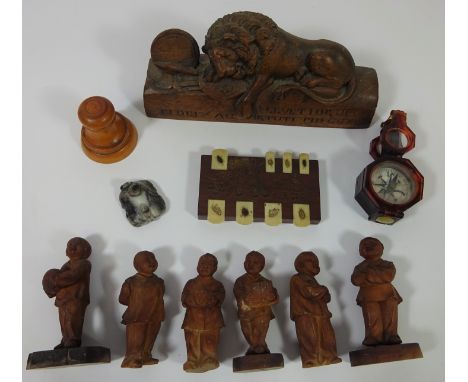 Carved wood Swiss memorial of a lion, carved Chinese figures, early 20th Century Japanese wood and Shimbayama decorated whits