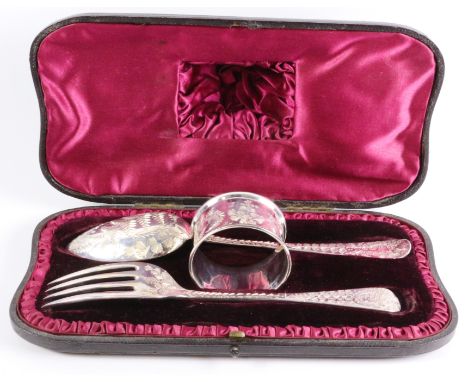 Georgian silver christening fork and spoon London 1810 with later decoration to match napkin ring London 1887 cased   Conditi