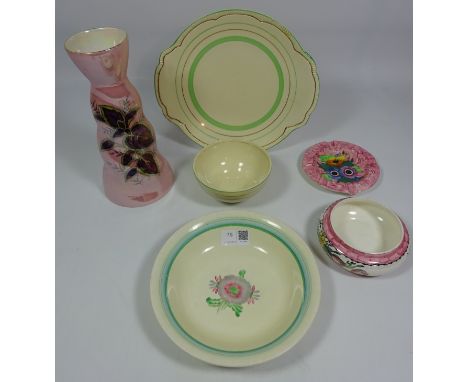 Clarice Cliff Newport Pottery bowl with flower decoration, two other Clarice Cliff pieces and three pieces of Maling (6)   Co