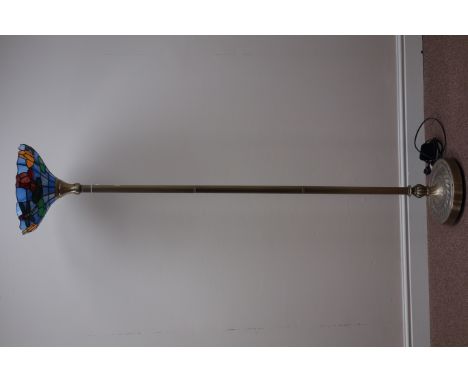 Burnished metal standard lamp with Tiffany style shade, H176cm   Condition Report   Click here for further images, condition,