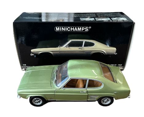 Minichamps 1/18th scale 1969 Ford Capri GT1700 light green No. 180 08900, generally excellent in excellent to good plus box i