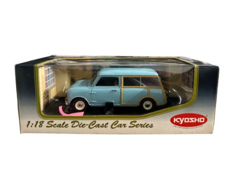 Kyosho 1/18th scale Austin Mini Countryman light blue No. 08191B, generally excellent in excellent to good plus window box in