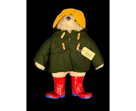 Gabrielle Designs Paddington, generally excellent, approx. H46cm, with green felt duffle coat including wooden toggles, Welli