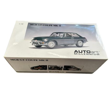 Autoart 1/18th scale Millennium series 1969 MGB GT coupe Mk. II British racing green No. 76602, generally excellent (tissue-w