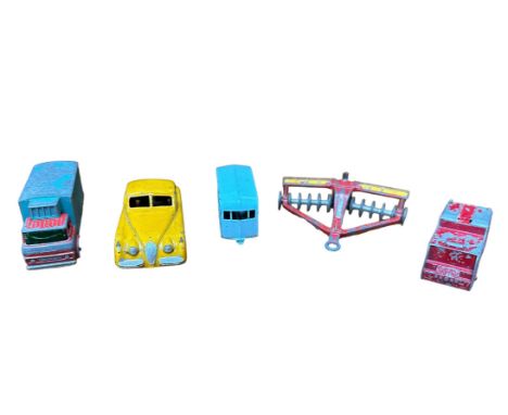 Unboxed diecast range (5) with Dinky Jaguar No.157, Dinky Disc Harrow, Matchbox Fire Engine No.9, Refrigerator Truck No.44 an