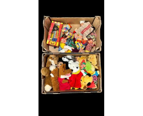 Toy puppets glove puppet collection, generally excellent to good plus, with Pelham Puppet in window box, Sooty, Basil Brush, 