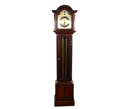 A modern German stained wood longcase clock, arched brass dial, three-chain movement, 196cm.
