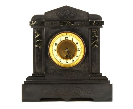 A Victorian black and veined marble mantel clock, of architectural form, ivorine chapter ring, Frence movement, height 31cm.