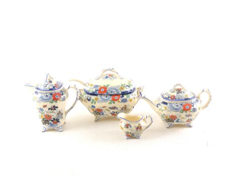 Four pieces of Coalport Canton pattern teaware, including batchelors teapot, milk jug, and covered jug, and a covered sauce t