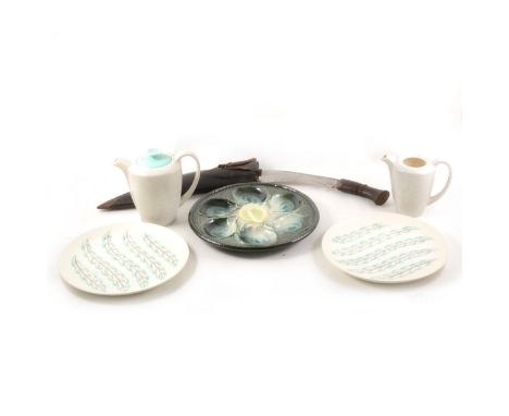 A Poole part teaset, a terracotta bowl, pair of brass hunting horns, kukri knife, and scales.