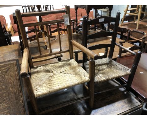 A child's beechwood elbow chair, with a rush seat, width 37cm; and a stained wood ladder-back child's chair, with a rush seat