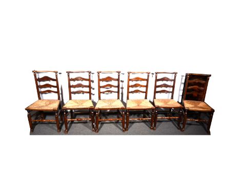 Set of six oak and ash rail and ladder back dining chairs, rush seats, pad feet, 91cm.