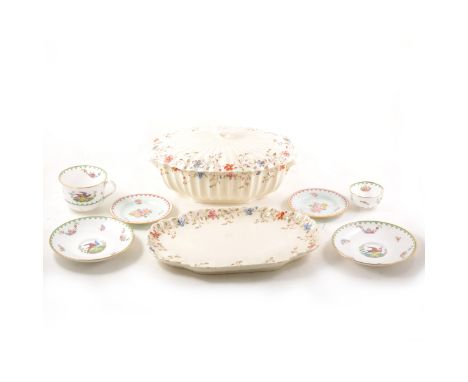 Quantity of part tea and dinner services, including five hand-painted Spode teacups with botanical decoration against cream g