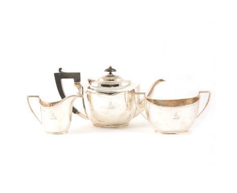 A Victorian three piece teaset, William Mammatt &amp; Son, Sheffield 1899, of plain oval form, the teapot with composition ha