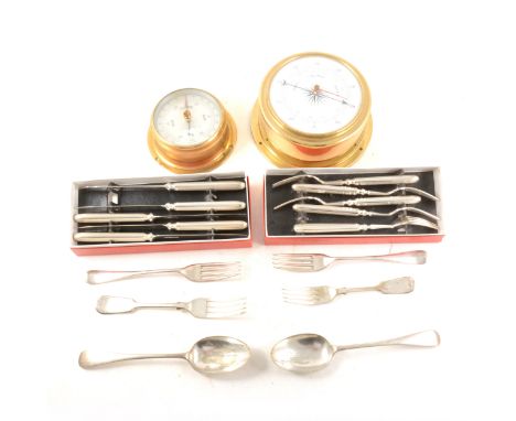 A brass cased aneroid barometer, ATC, Holland, diameter 18cm; another ship's type barometer; sundry cutlery.