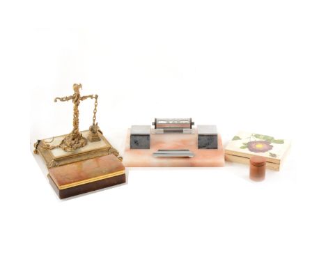 An Art Deco alabster and chrome-plated desk stand, rectangular platform, width 28cm; cast brass balanced scale, platform with