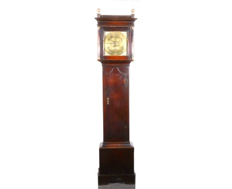 An oak longcase clock, square brass dial, signed Thos. Bayley, Burton, with a date aperture, urn and scroll cast spandrels, t