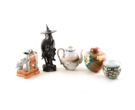 A collection of Oriental wares, including egg-shell porcelain teapot, covered vessel, modern cloisonne vase and cover, carved