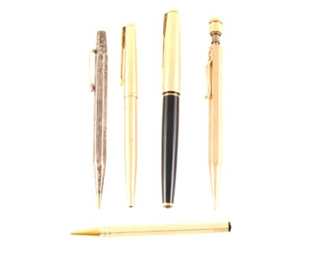 Five pens/pencils, a 9 carat gold Yard-o-Led pencil with engine turned hexagonal barrel, a similar silver pencil, a Parker 61