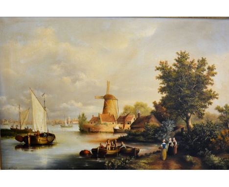 K Douglas, Dutch river landscape with fishermen by a mill, oil on canvas, signed, 49cm x 74cm.