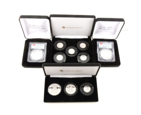 Seven cased sets of commemorative coins including Jubilee Mint 50th Anniversary of the Moon Landing solid silver proof set, F