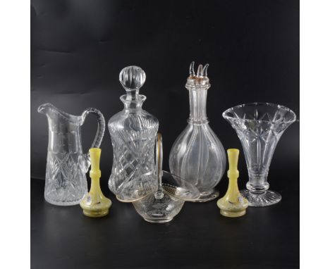 Vintage glassware, cut glass decanter, four-section cordial decanter, glass basket, wine glasses.