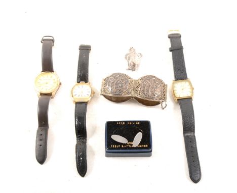 A collection of gold and yellow metal jewellery, wrist watches, a 9 carat yellow, red and white gold 8.5mm wide Russian style