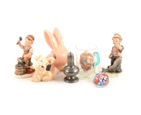 A box of assorted ceramics, glass and metalware, a buff Sylvac terrier, similar unmarked pink rabbit, two Friedel figures in 