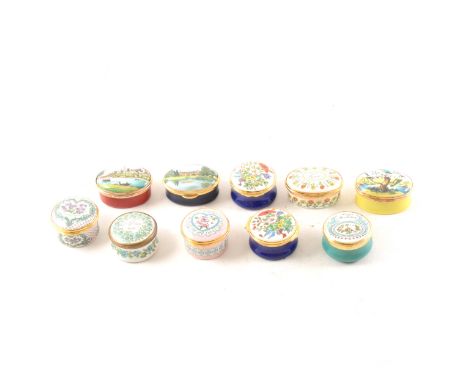 Ten Bilston &amp; Battersea enamel boxes on a sentimental them, Valentines Day, To My Love, Birthday, Windsor Castle and flow
