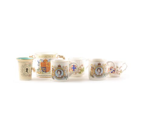 Collection of commemorative ware, from Victoria to present, including two Halcyon Days enamel beakers for the marriage of Cha