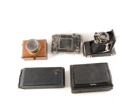 Folding and plate cameras; including Zeiss Ikon Super Ikonta (x2), J. Lancaster &amp; Sons plate camera with developers plate